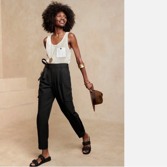Banana Republic Pants - Like New Banana Republic Lyocell Linen Blend Belted Cargo Trouser Pants Black 6